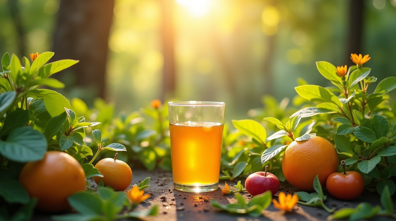 Verre de jus naturel dans un jardin lumineux représentant les bénéfices du NAD+ naturel