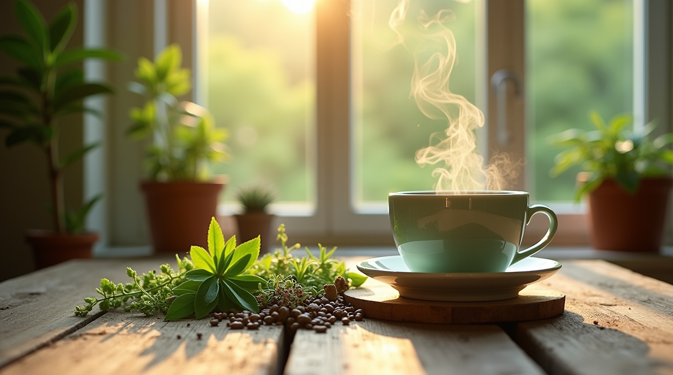 Une tasse de thé vert avec des adaptogènes sur une table en bois évoquant l'énergie et le bien-être