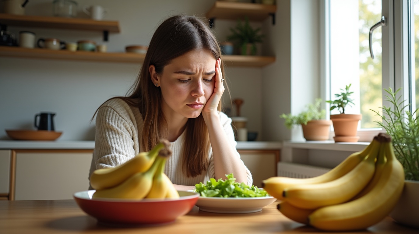 Personne fatiguée contemplant des aliments riches en potassium dans une cuisine