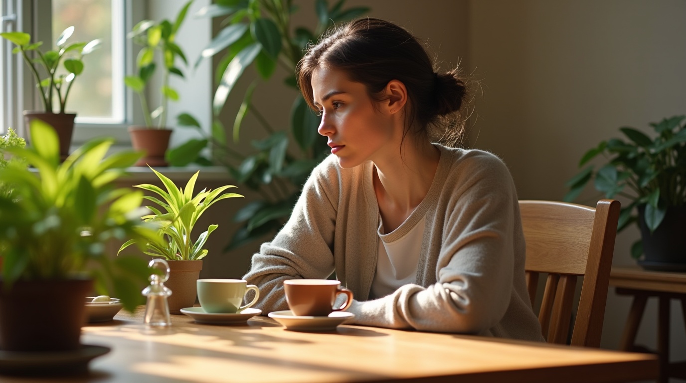 Personne fatiguée tenant une tasse de thé avec des plantes d'ashwagandha