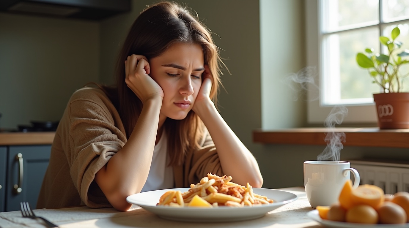 Femme fatiguée après un repas regardant une assiette vide