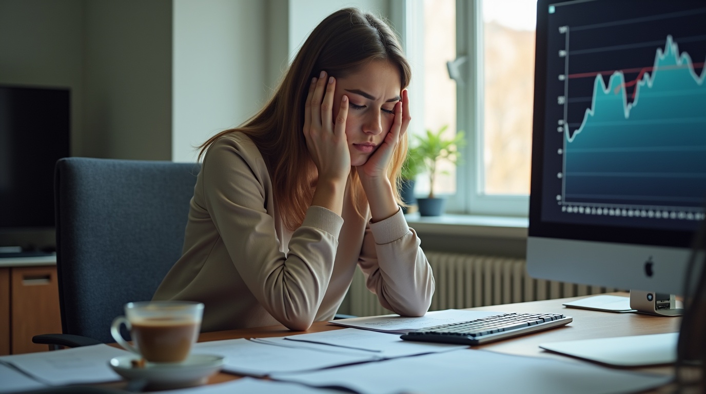 Une personne fatiguée à son bureau observant des niveaux de glycémie sur son écran