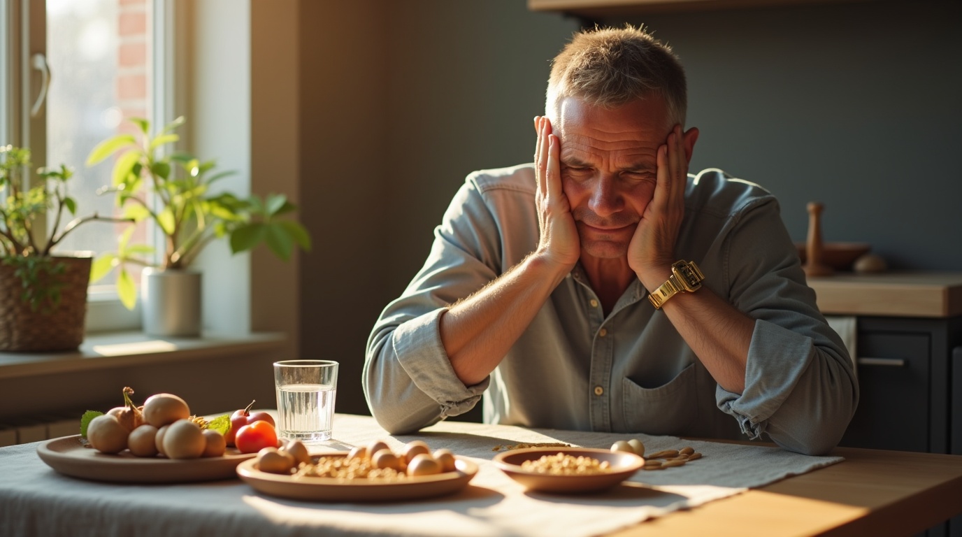 Illustration d'une personne fatiguée avec des suppléments de zinc sur une table.