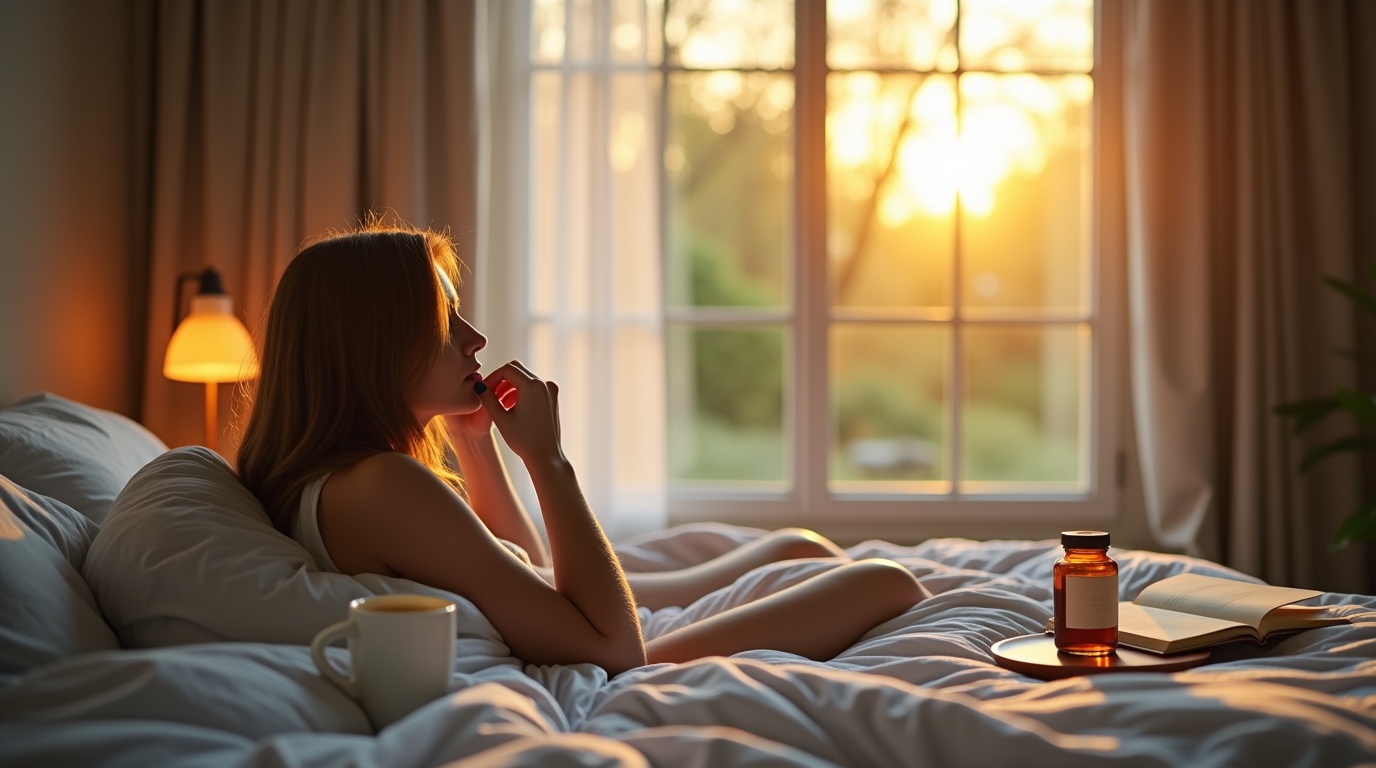Personne au réveil avec mélatonine sur la table de nuit, représentant la lutte contre la fatigue matinale.